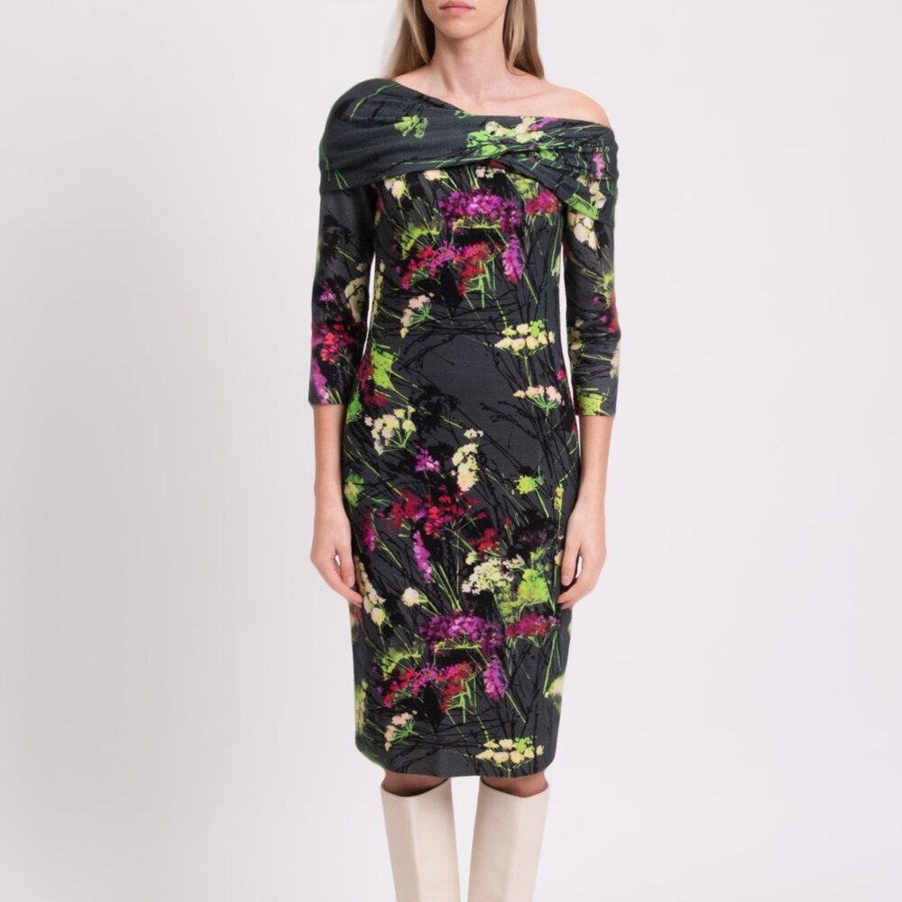NWT BLUMARINE 100% Virgin Wool Midi Dress IT44, US8 Floral Cowl Neck